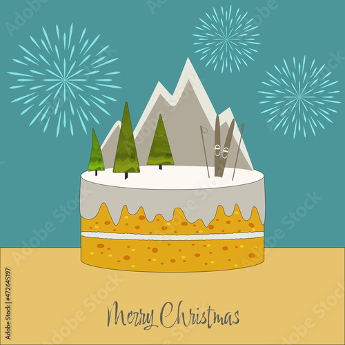 christmas cake with christmas tree mountain skiing on blue background