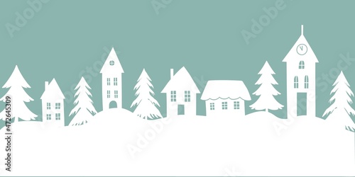 Fototapeta Naklejka Na Ścianę i Meble -  Christmas New Year banner with doodle rural houses forest trees in the background. Cozy winter scene illustration in vintage style