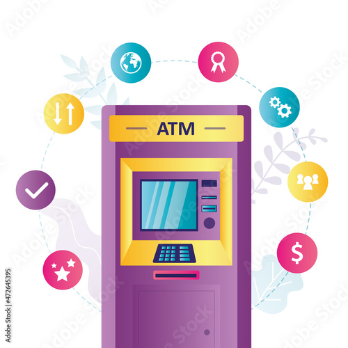 ATM machine for various financial transactions. Cash withdrawal and credit card deposit at cashpoint