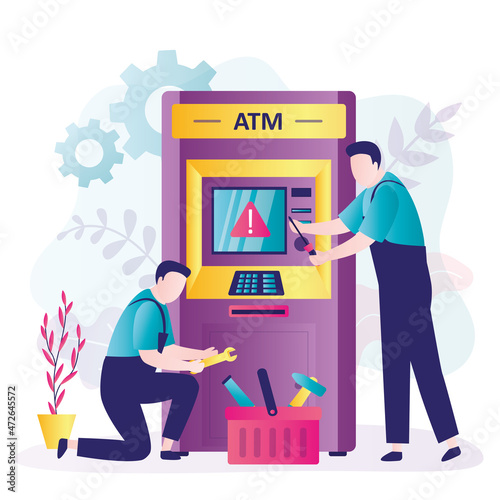 Workers with tools repairing faulty bankomat. Repairmen servicing broken terminal. Atm service, financial transactions. Cash machine showing warning sign. Serviceman uses tools.