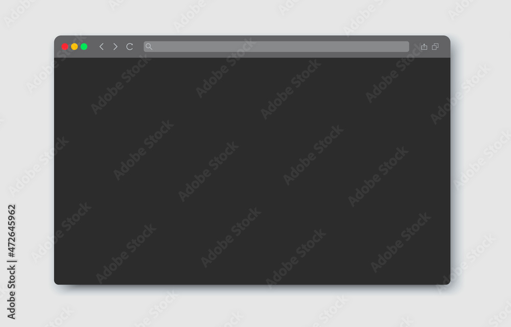 Browser window in night mode theme. Window internet browser concept in flat and dark style. Template design of computer or internet frame. Blank screen web site mockup. Vector illustration Browser window in night mode theme. Window internet browser concept in flat and dark style. Template design of computer or internet frame. Blank screen web site mockup. Vector illustration