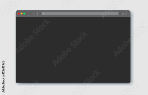 Browser window in night mode theme. Window internet browser concept in flat and dark style. Template design of computer or internet frame. Blank screen web site mockup. Vector illustration