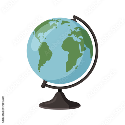 Earth globe, planet, map of continents of world. Vector illustration in flat cartoon style isolated on white background.