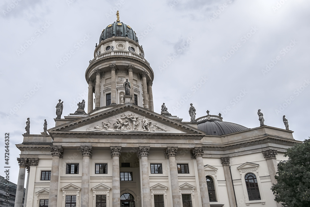 Architectural fragments of New Church (Neue Kirche or Deutscher Dom, 1708) at the Gendarmenmarkt across from French Church. Berlin, Germany.