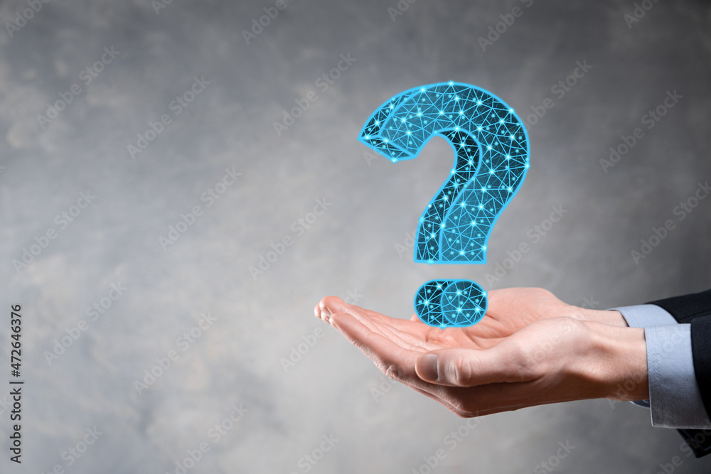 Question mark. 3d abstract on dark background with dots and stars. Ask symbol. Help support, faq problem symbol, think education concept, confusion search illustration or background.Business man - obrazy, fototapety, plakaty 