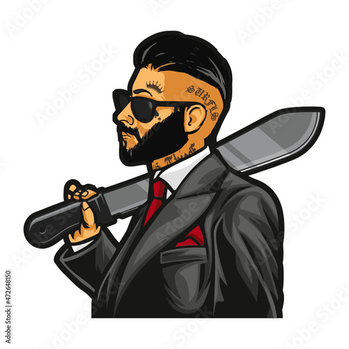 Handsome man in business suit with sunglasses, tattoos and machete vector illustration in GTA Style