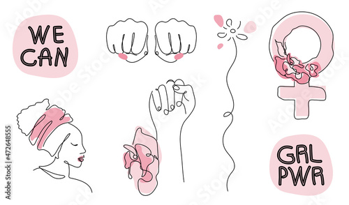 Set feminist girl power vector with african women face, fist and lettering WE CAN, GRl PWR in continuous one line art