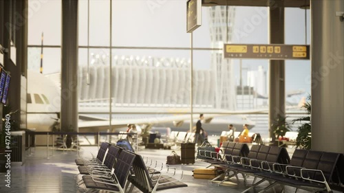 Airport terminal waiting hall with people in sunlight and airplane ready for boarding waiting in the gate. High quality 3d photorealistic render
