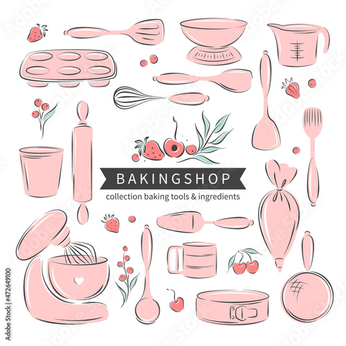 Set of baking and cooking tools dessert and pastry dishes. Whisk, cutlery, spatulas, mixer, scale. Vector illustration for menu, recipe book, baking shop.