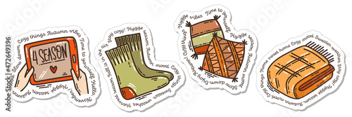 Colorful hand-drawn cold days mood stickers set with a blanket and pillow, and wooly socks and the favorite series in doodle style isolated on white background. Cute vector for seasonal decoration.