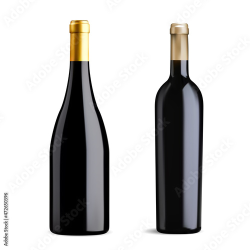 Two wine bottle design. Black glass red pinot noir or burgundy wine blank, isolated vector mockup. Vintage frenchbeverage like bordeaux, elegant mesh illustration, shampagne, cabernet photo