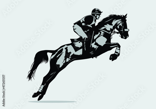 Jockey on horse. Champion. Horse riding. Equestrian sport. Jockey riding jumping horse. Jockey ride horse - vector illustration.