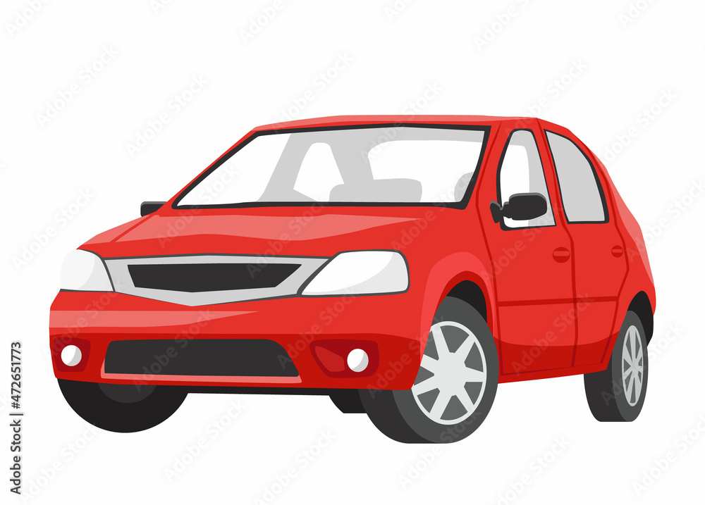A red passenger car on the white background. Illustration in flat style
