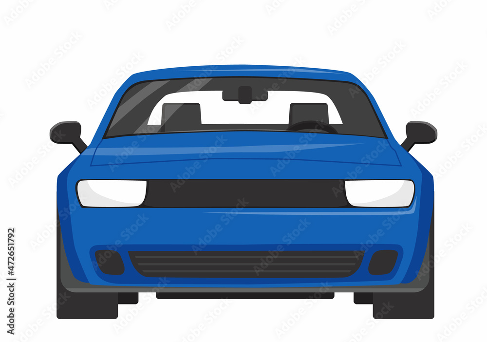 A blue passenger car on the white background. Illustration in flat style