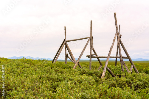 Construction of wooden poles in the tundra. Komi Republic, Russia