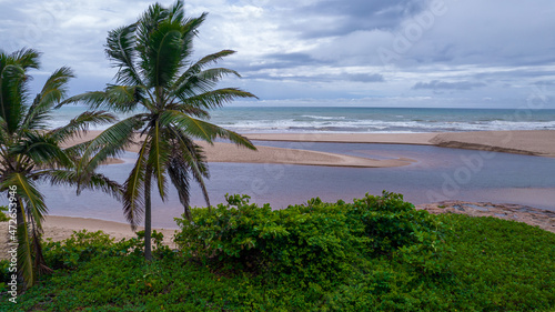 Aerial view of Imbassai beach, Bahia, Brazil. Beautiful beach in the northeast with a river and palm trees.
