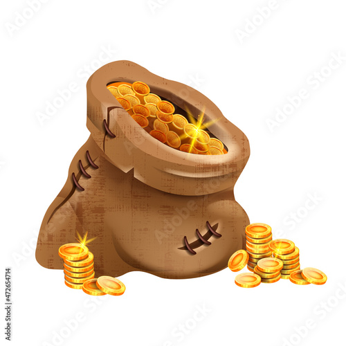 Old gold money sack, vector full coin cloth bag, vintage pouch, cartoon game UI profit icon. Success bonus concept isolated on white, jackpot illustration. Ancient treasure money bag with holes