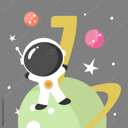 Space Party Invitation Card Template, Birthday Party in Cosmic Style Celebration, Greeting Card, Flyer Cartoon Vector. Kids illustration with planets, cosmonaut and number seven.