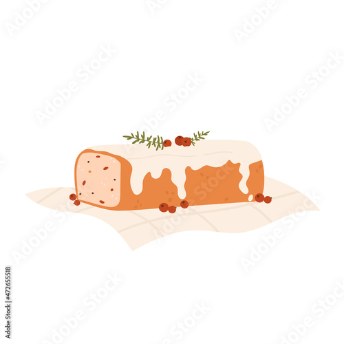 Christmas glazed fruit Stollen with holly berries. Traditional German fruit cake. Vector illustration in cartoon style. Isolated on white background.