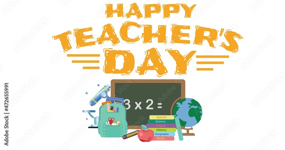 Vector image of teacher's day text and school supplies against white background with copy space