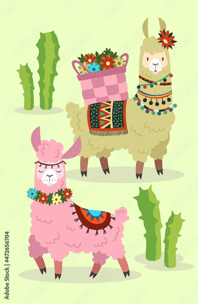 Fototapeta premium Cute llamas in desert. Funny cartoon alpaca card