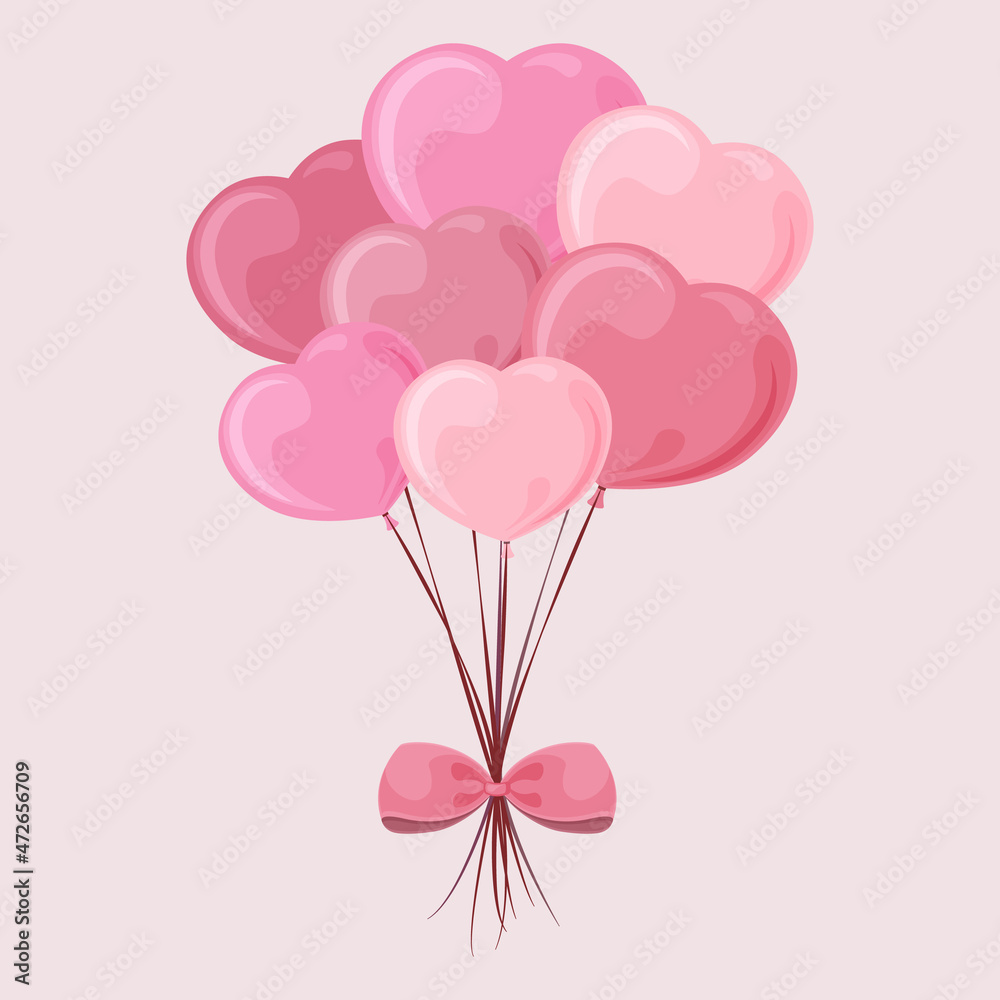 Balloons in the shape of a heart. Cute bright vector illustration for Valentine s Day with the image of balloons in the shape of hearts, pink with a bow tied to it. Balls with a bow. Vector