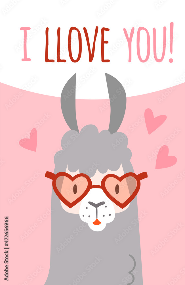 Fototapeta premium I love you card. Cute llama in heart glasses. Funny alpaca character