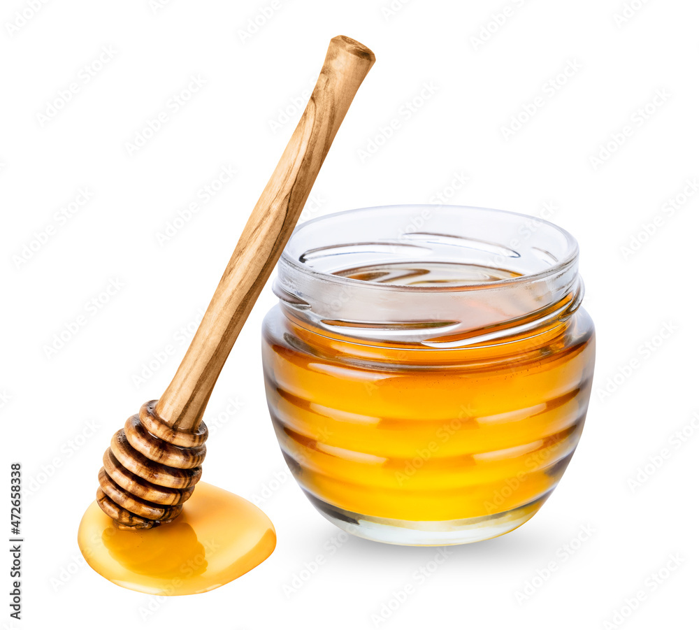 Glass jar with honey and wooden honey dipper isolated on white background Glass jar with honey and wooden honey dipper isolated on white background