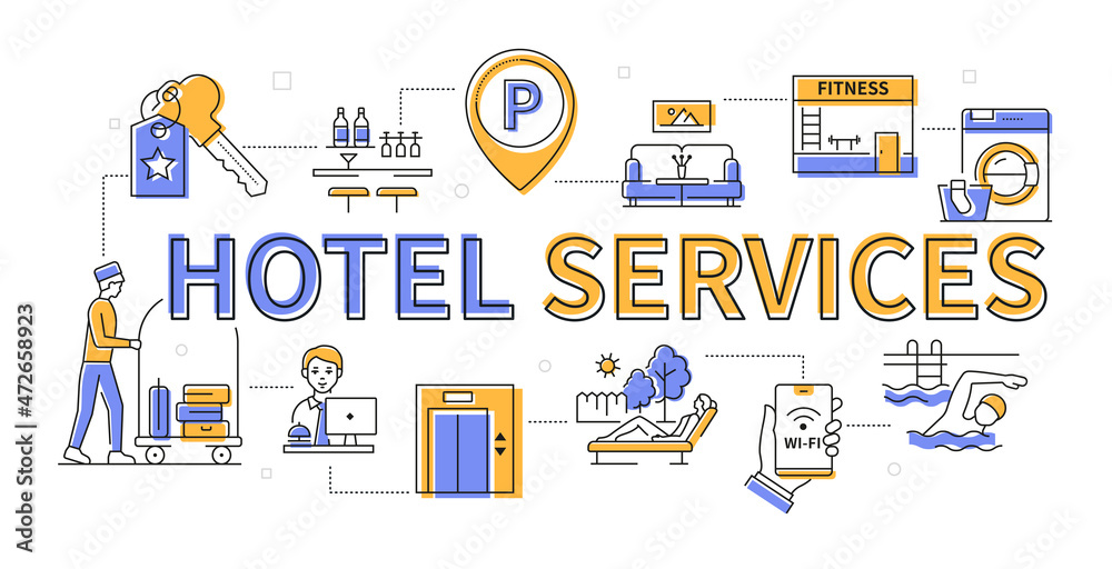 Hotel services - colorful line design style banner Hotel services - colorful line design style banner