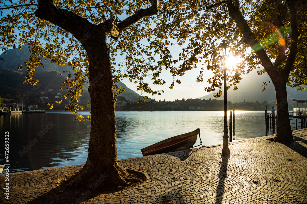 View of Lake Como at sunset against the light-Lecco-Italy