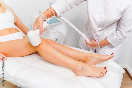 Laser epilation and cosmetology in beauty salon. Laser hair removal. Skin care. Woman legs during laser hair removal procedure.