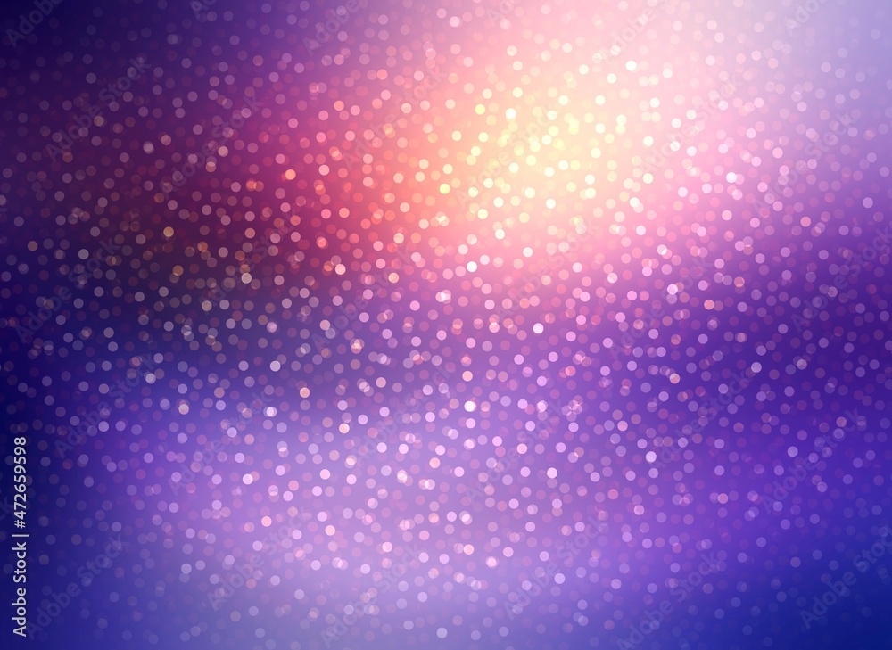 Glittering confetti flying on dark blue dawn sky defocus background with bright pink glow.