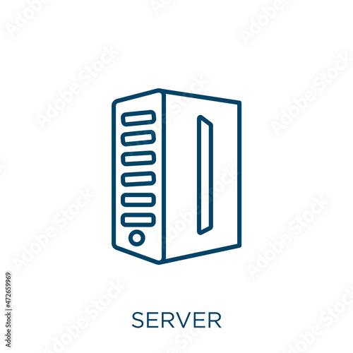 server icon. Thin linear server outline icon isolated on white background. Line vector server sign, symbol for web and mobile.