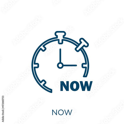 now icon. Thin linear now outline icon isolated on white background. Line vector now sign, symbol for web and mobile.
