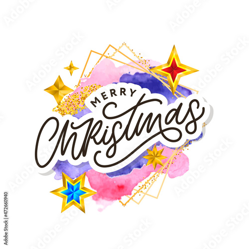 Merry Christmas text decorated with hand drawn lettering with gold stars. Greeting card design element. Vector typography.