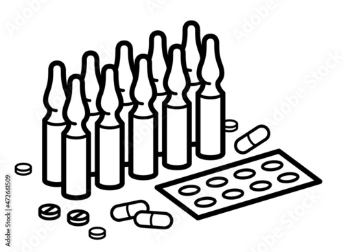 Medicine pharmacy theme medical pills and ampules 3d vector illustration isolated, medicaments and drugs, health care meds cartoon, vitamins or antibiotics, simple linear design.
