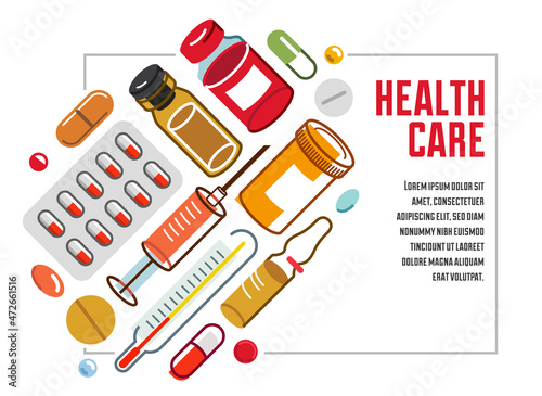 Medical flyer of pharmacy drugstore or medical clinic vector flat design, compositions of pills bottles and ampules isolated over white, health care and healing medicine theme design.