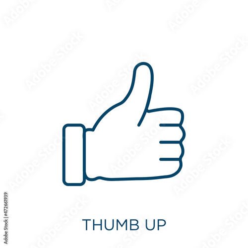 thumb up icon. Thin linear thumb up outline icon isolated on white background. Line vector thumb up sign, symbol for web and mobile.