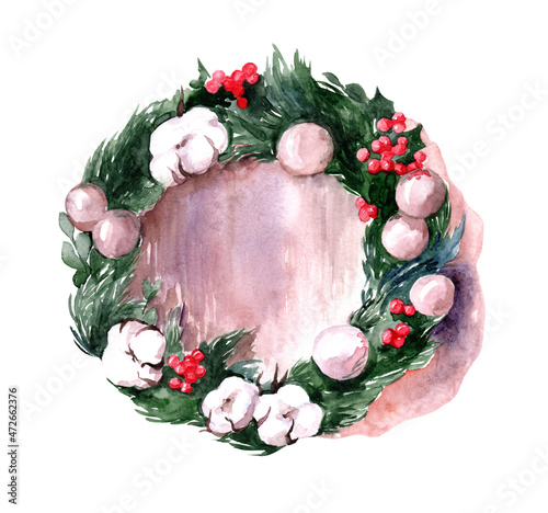 Watercolor Christmas wreath on the door. Spruce branches, cotton, eucalyptus, Christmas balls, holly. Festive home interior.