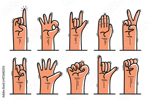 Set of hand signs gestures vector icons set isolated, hard rock, attention and idea pointing finger up, clenched fist, call me, okay.