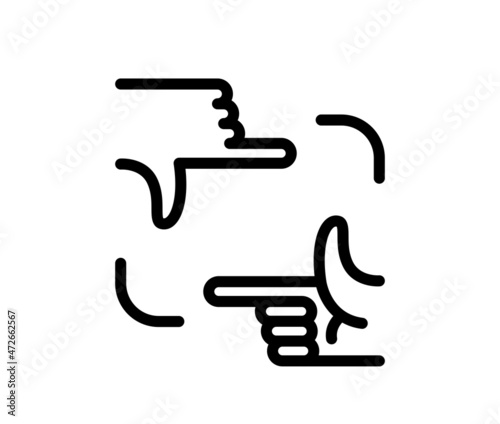 Two hands showing photo view crop region for composition viewfinder vector icon isolated on white.
