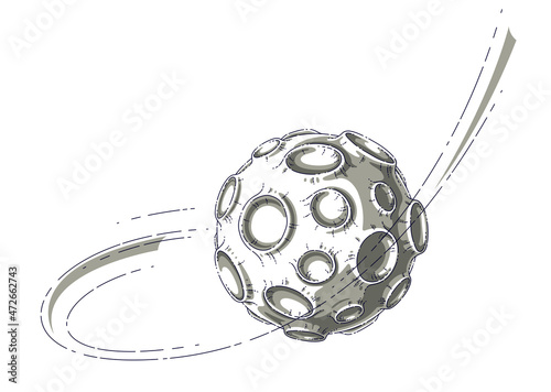 Small cartoon vector fantastic planet with craters from asteroid and meteorite rains fall. Thin line 3d vector illustration isolated on white background.