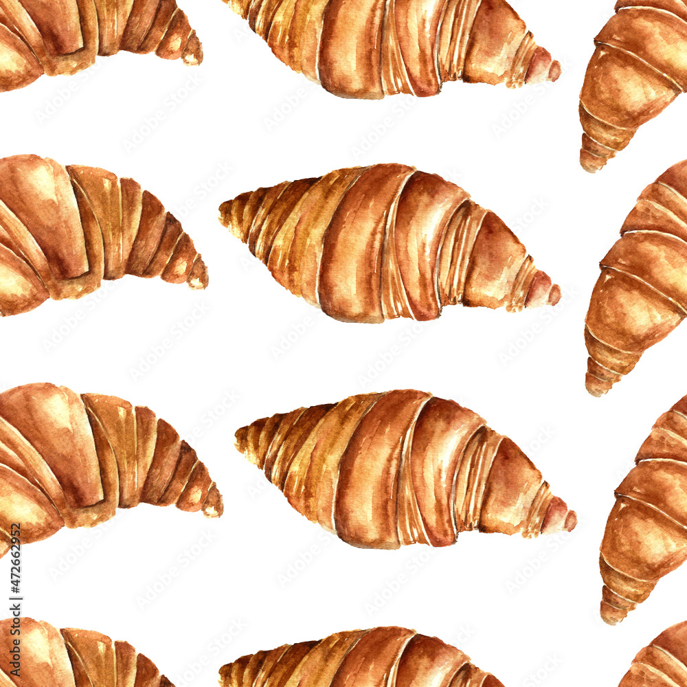 Coffee cup painted with watercolors on white background. The drink and sweets. Watercolor paper cup of coffee and croissant. Seamless pattern. Coffee cup painted with watercolors on white background. The drink and sweets. Watercolor paper cup of coffee and croissant. Seamless pattern.