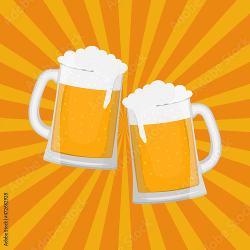 Two beer mugs on a ray background. Oktoberfest concept. Vector illustration.