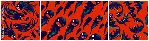 Scary horror monsters seamless vector textile pattern set, beasts creatures endless wallpaper, stylish background for Halloween theme, funny picture collection.