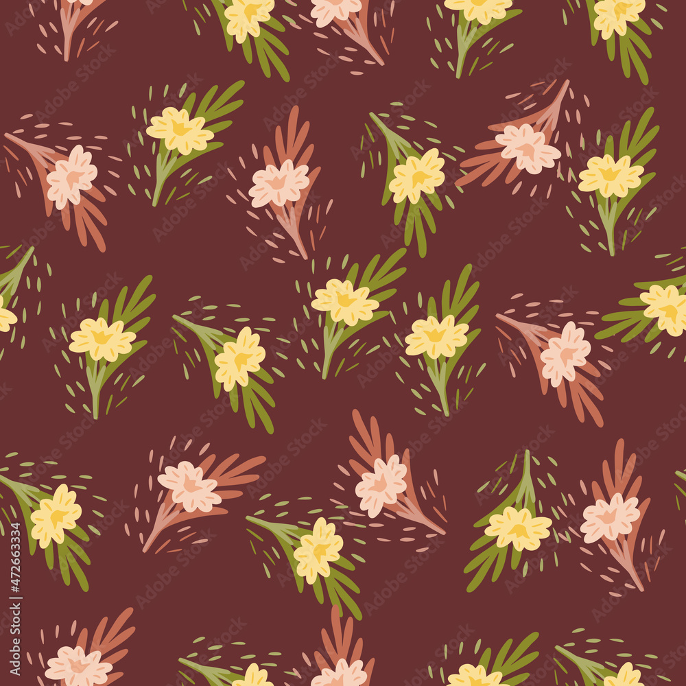 Seamless pattern with bouquets of small flowers on light brown background. Vector floral template in doodle style. Gentle summer botanical texture. Seamless pattern with bouquets of small flowers on light brown background. Vector floral template in doodle style. Gentle summer botanical texture.