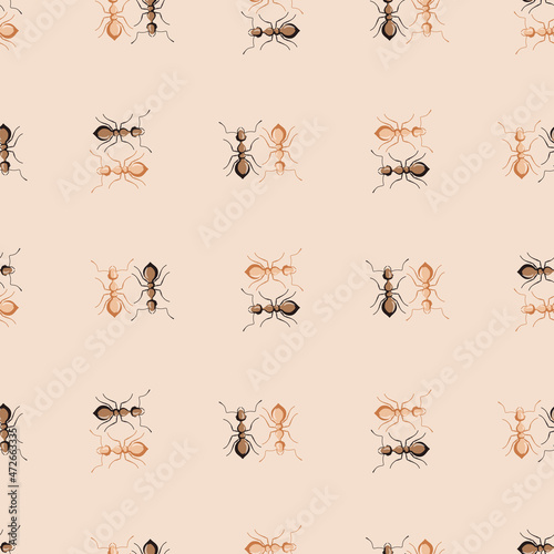 Seamless pattern colony ants on beige background. Vector insects template in flat style for any purpose. Modern animals texture. © Lidok_L