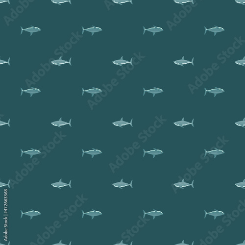 Seamless pattern shark on teal background. Small texture of marine fish for any purpose.
