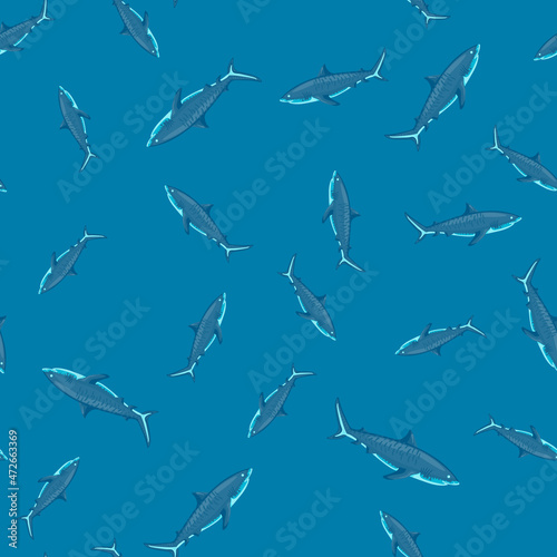 Seamless pattern Tiger shark blue background. Texture of marine fish for any purpose.