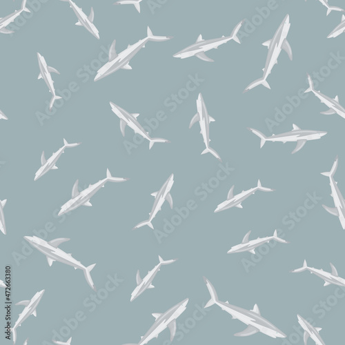 Seamless pattern Blue shark on gray background. Texture of marine fish for any purpose.